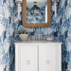 Blue Coastal Powder Room With Rope Mirror