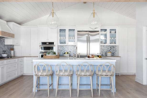 White Coastal Kitchen With Four Stools