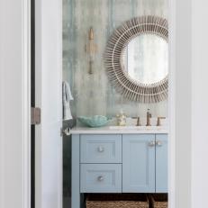 Blue Coastal Bathroom With Wallpaper