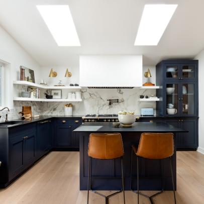 Blue and White Chef Kitchen With Skylights