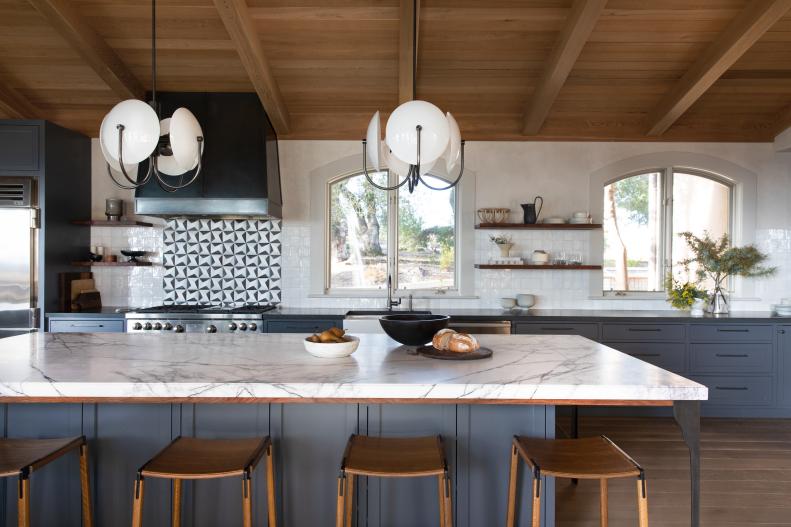 Contemporary kitchen with exposed wood ceiling. 