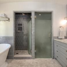 Double Vanity Bathroom Features a Walk-In Shower and Tub