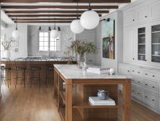 Modern Exposed Beams in Contemporary Gray Kitchen With Two Islands