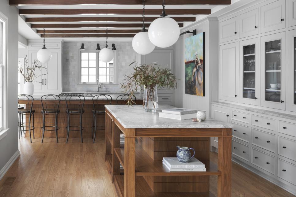 Modern Exposed Beams in Contemporary Gray Kitchen With Two Islands