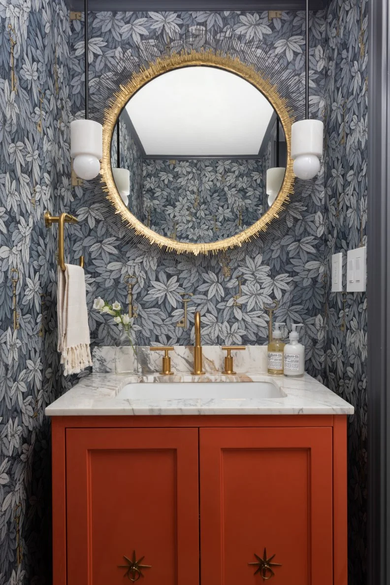 Gray Powder Room With Orange Vanity