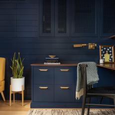 Blue Contemporary Home Office With Yellow Chair