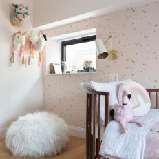Pink Contemporary Kid's Room With White Pouf