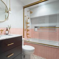 Pink and White Contemporary Bathroom With Dot Floor