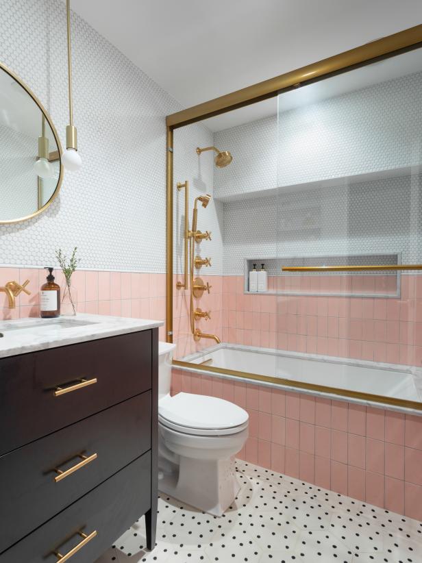 Pink and White Contemporary Bathroom