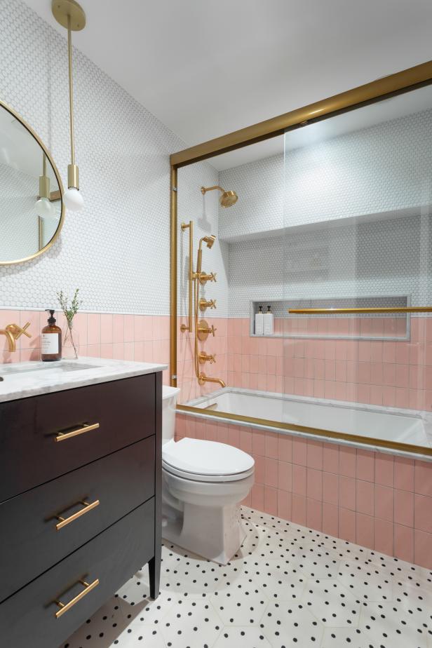 Pink and White Contemporary Bathroom With Dot Floor | HGTV