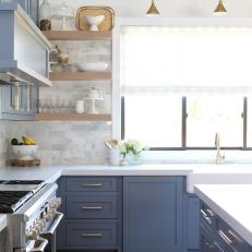 Ocean Blue Kitchen With Natural Wood Floating Shelves