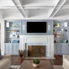 Blue and White Transitional Living Room With Coffered Ceiling