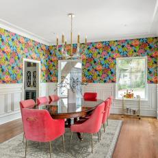 Contemporary Multicolored Dining Room With Pink Chairs