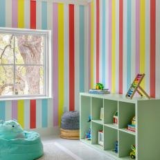 Multicolored Transitional Playroom With Striped Walls