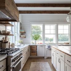 Traditional Farmhouse Kitchen With Exposed Beams, Shiplap and Reclaimed Wood Accents 