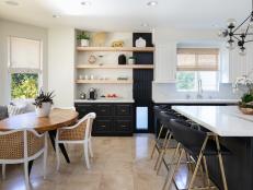Modern Kitchen, Leather Island Chairs, Wicker Chairs at Breakfast Nook