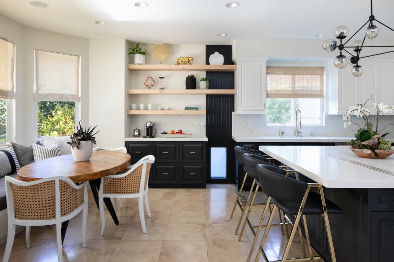 Modern Kitchen, Leather Island Chairs, Wicker Chairs at Breakfast Nook