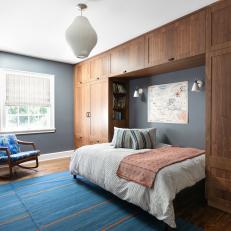 Blue Contemporary Bedroom With Folding Screen