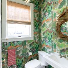 Bold Bohemian Powder Room With Graphic Wallpaper