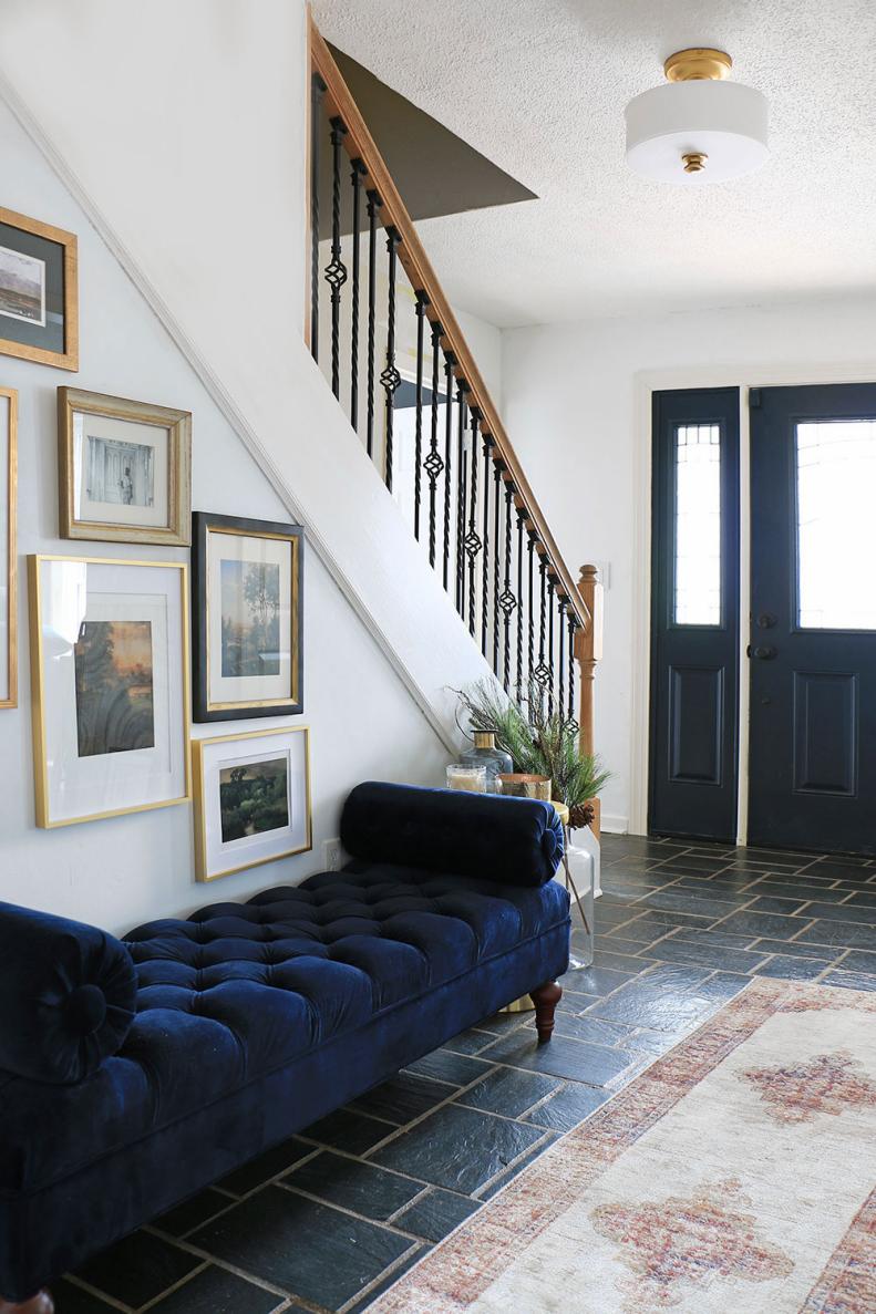 Contemporary, Traditional Foyer with Stairs, Velvet Chaise, Tile Floor