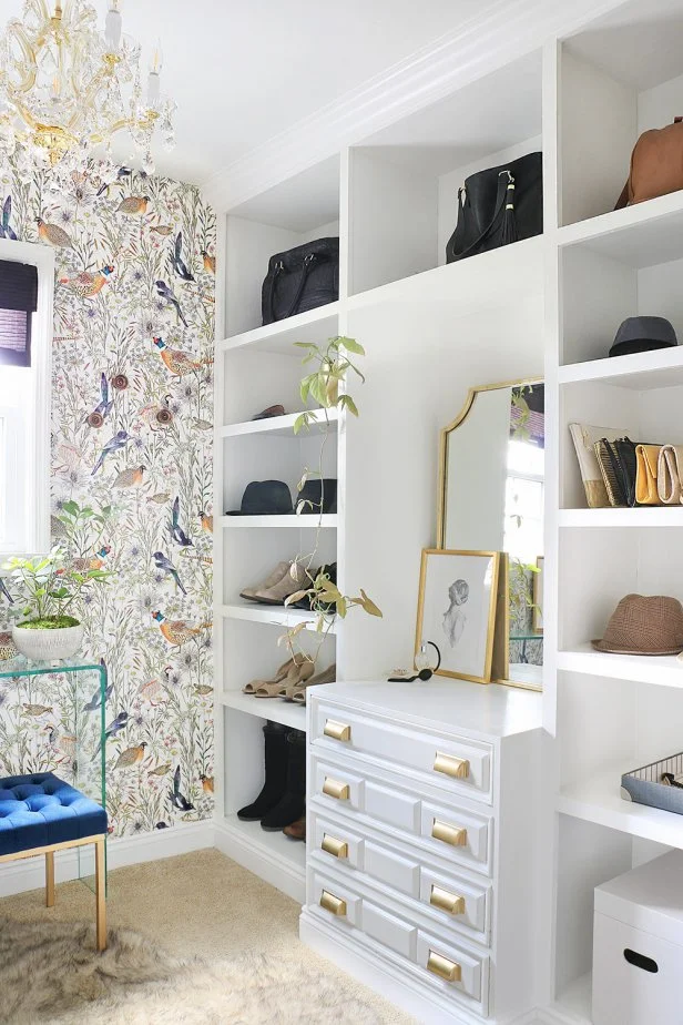 Bird Wallpaper in Walk-In Closet, Built-Ins, Velvet Tufted Bench