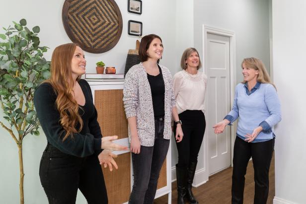 Mina and Karen, hosts of HGTV’s Good Bones, reveal the completed house to Claire & Kate (center).