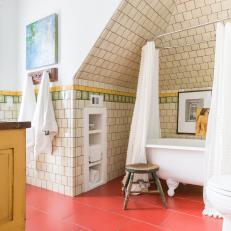 Unique Bathroom Features Vaulted Ceilings and Eclectic Tile
