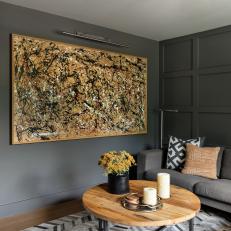 Gray Contemporary Sitting Room With Yellow Art