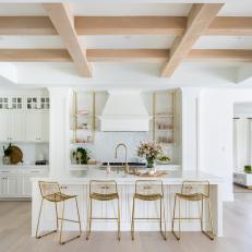 White Transitional Open Plan Kitchen With Brass Stools