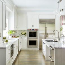 White Transitional Chef Kitchen With Pink Shade