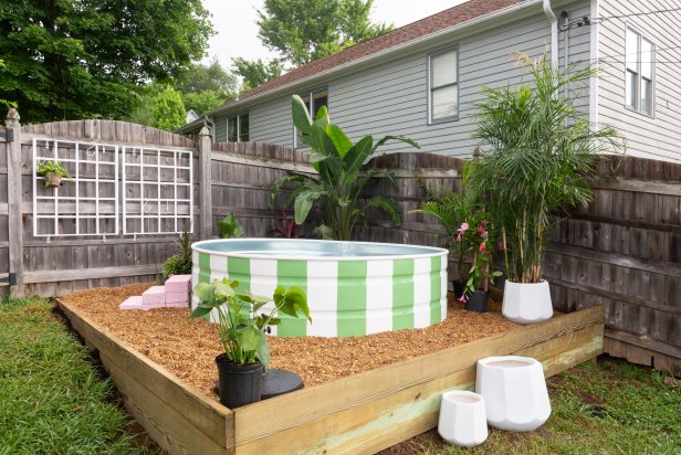 Stock Tank Pool, Cinderblock Steps, Trellis with Plants on Hanger