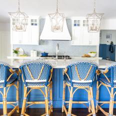 Blue and White Barstools in Chic Transitional Kitchen