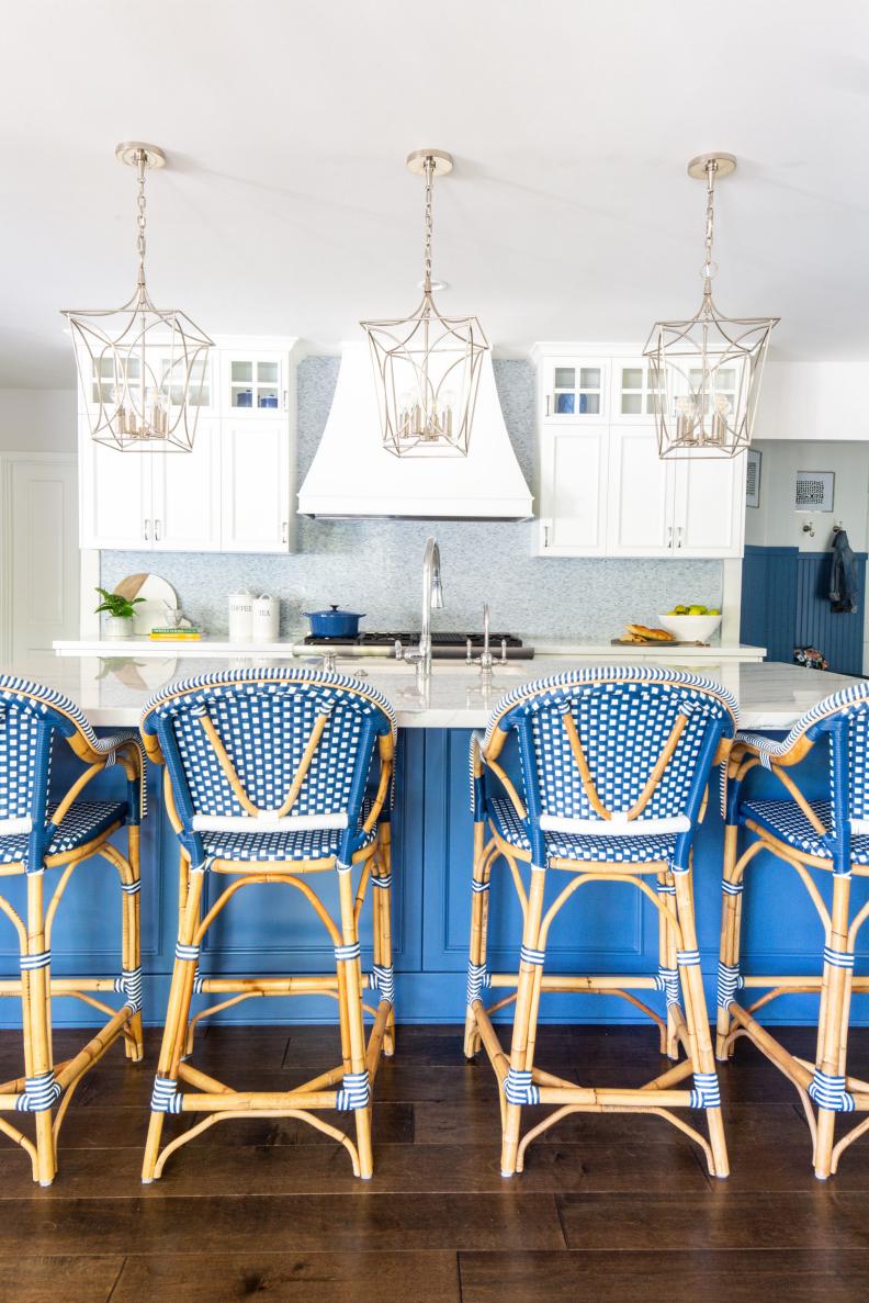 Blue and White Barstools in White Kitchen