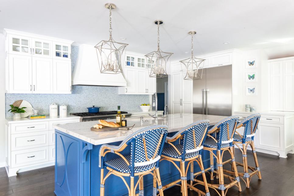 Open Blue and White Transitional Kitchen With Island