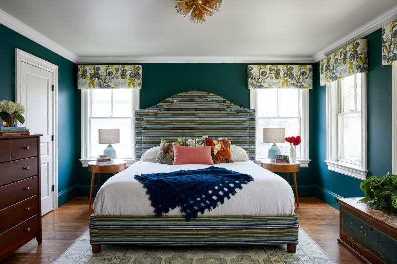 Green Transitional Main Bedroom With Windows
