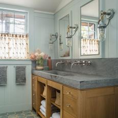 Pale Blue Transitional Cabin Bathroom With Rustic Sconces and Handmade Tile 