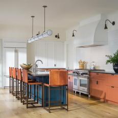 Contemporary White Cabin Kitchen With Orange and Teal Accents 