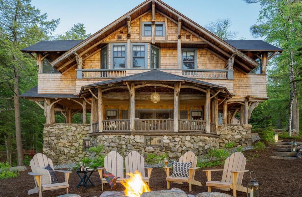 Traditional New Hampshire Family Cabin With Wooden Shingles and Fire Pit 