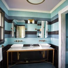 Blue Bathroom With Striped Tile Walls