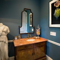Gray Blue Eclectic Powder Room With Statue