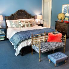 Blue Traditional Bedroom With Red Pillow