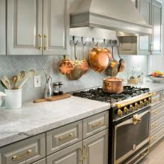 Traditional Gray Chef Kitchen With Copper Pots