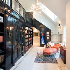 Traditional Library With Black Bookshelves