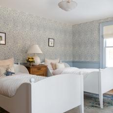 Light Blue Patterned Children's Bedroom With Two Adorable Twin Beds