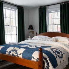 Country Style Bedroom With Dashing Dark Green Curtains and Wood Bed frame 