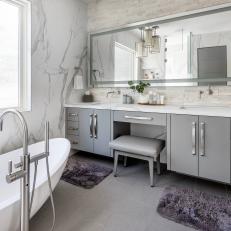 Gray Modern Bathroom With Purple Mats