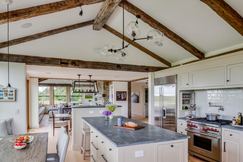 Open Plan Kitchen With Rustic Beams