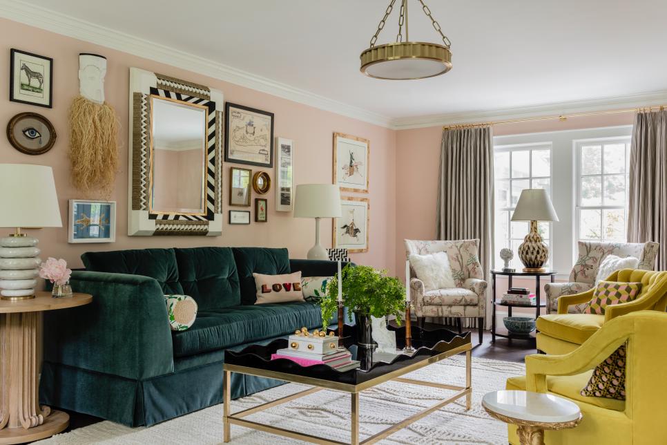 Pink Sitting Room With Yellow Armchairs