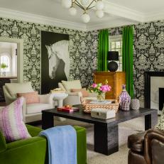 Multicolored Contemporary Sitting Room With Green Curtains