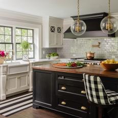 Transitional Chef Kitchen With Plaid Barstools